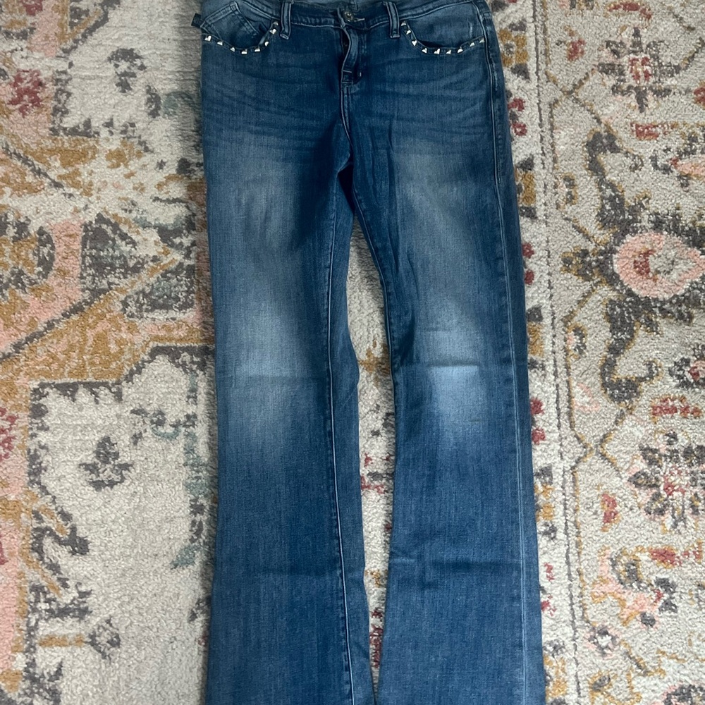 Rock & Republic Medium Blue Flare Jeans with Studded Pocket Trim